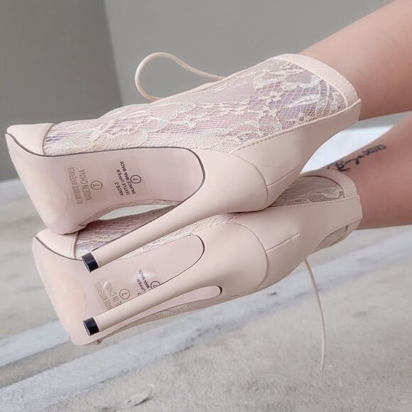 Women Ankle Open Toe High Heel Booties Lace Up Nude Color - Picture 4 of 6